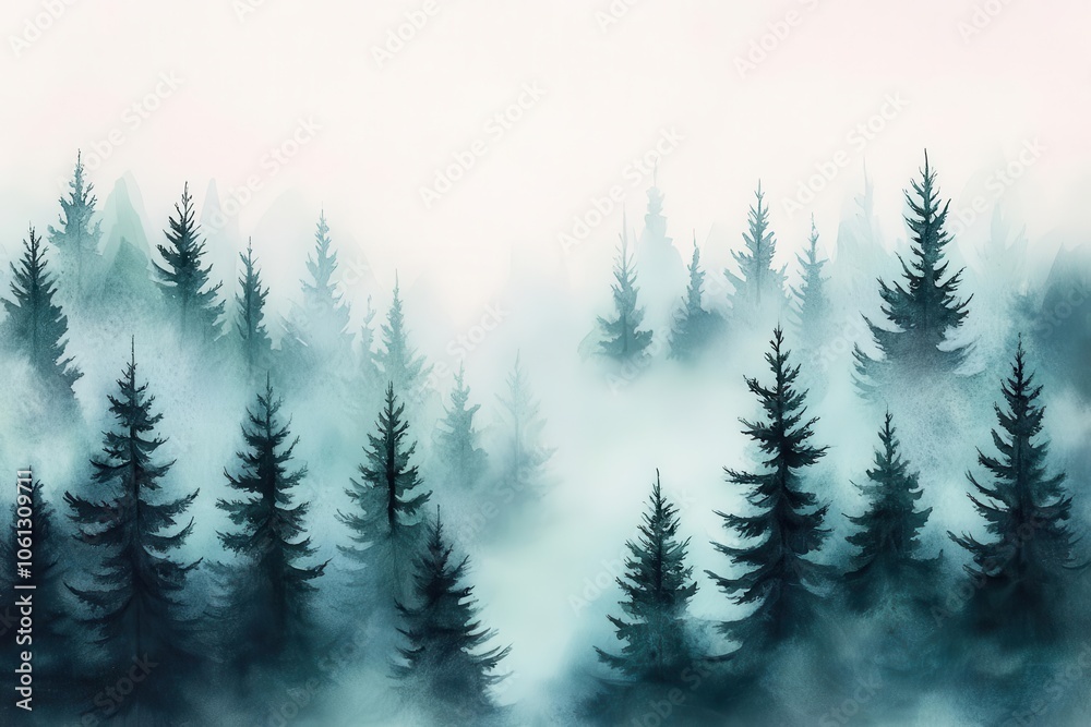 A tranquil forest scene shrouded in mist, featuring tall evergreen trees against a soft, foggy background. A tranquil forest scene shrouded in mist, featuring tall evergreen trees against a soft, foggy background.