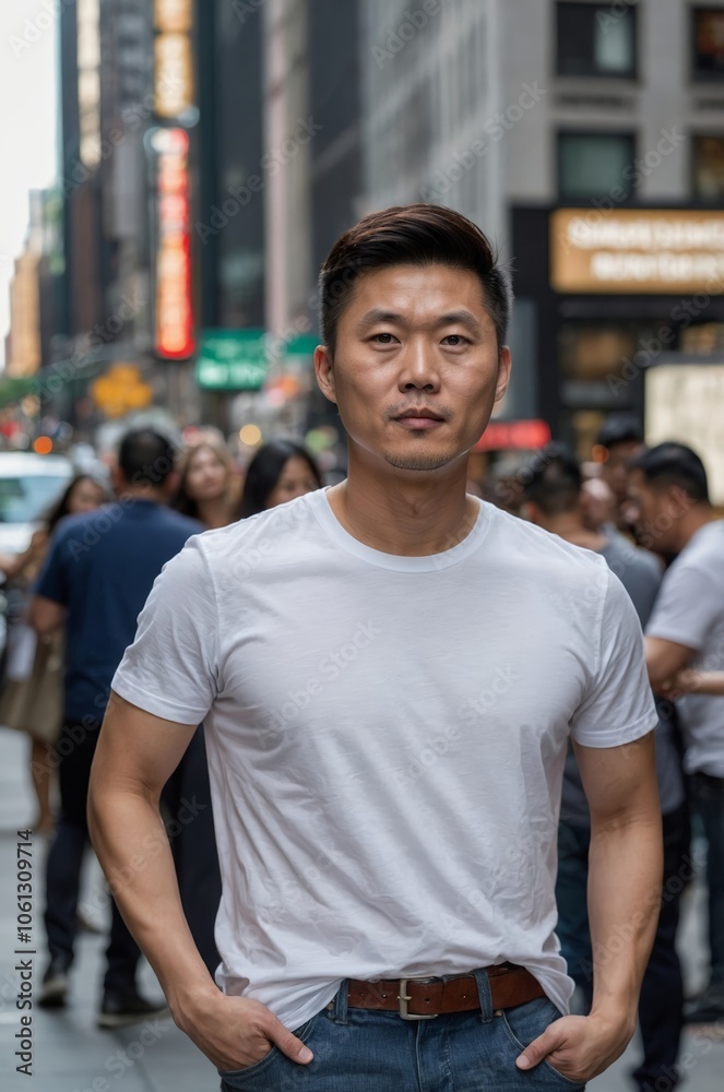 Asian Chinese athletic sport body shape in white t-shirt with metropolitan urban city background. Asian Chinese athletic sport body shape in white t-shirt with metropolitan urban city background.
