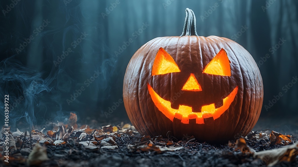 Create spooky halloween atmosphere with a carved pumpkin displaying glowing features Create spooky halloween atmosphere with a carved pumpkin displaying glowing features