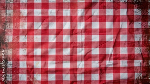 Red vintage checkered tablecloth background with space for text.