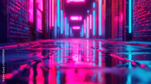 A vibrant alleway illuminated by neon lights, reflecting colors on wet pavement, creating a modern urban atmosphere. photo