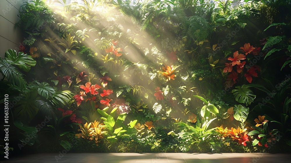A vibrant indoor tropical living wall filled with lush green foliage and colorful exotic flowers, bright sunlight streaming through, giving the space a warm, natural ambiance, hyper-realistic details, A vibrant indoor tropical living wall filled with lush green foliage and colorful exotic flowers, bright sunlight streaming through, giving the space a warm, natural ambiance, hyper-realistic details,