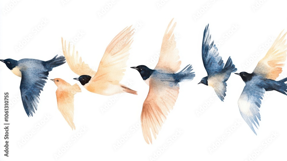 Fototapeta premium A graceful depiction of colorful birds in flight, showcasing delicate watercolor brushstrokes and ethereal movement.
