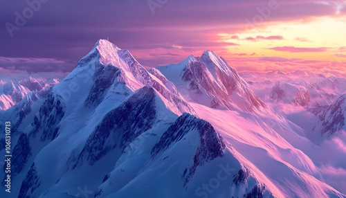 Snowy Mountain Peaks Bathed in a Vibrant Pink Sunset