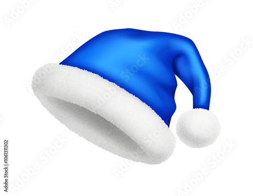 Santa Claus hat decorated with fur realistic vector illustration. Christmas blue headgear for festive mood view 3d model on white background