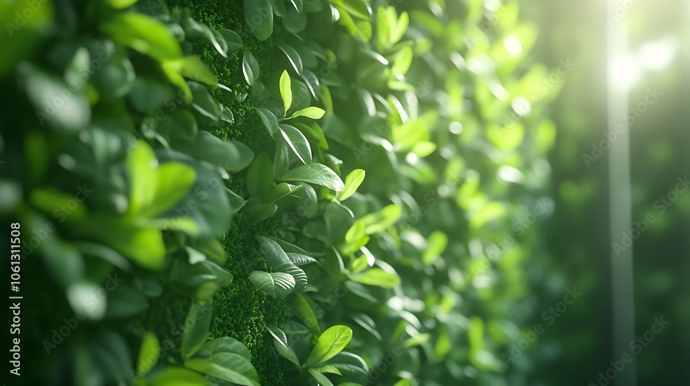 Fototapeta premium Compact vertical green wall in a hallway, densely arranged plants creating a natural oasis in a small space, ambient light highlighting greenery, highly realistic textures. --ar 16:9