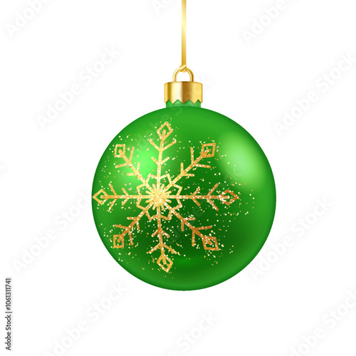 Bright green festive ball with glitter snowflake realistic vector illustration. Traditional Christmas ornament 3d object on white background