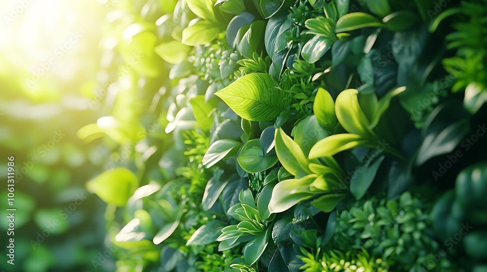 Obraz premium Eco-friendly indoor living wall with a variety of air-purifying plants, vibrant greens creating a fresh, clean atmosphere, soft ambient light highlighting textures, ultra-realistic, HD quality.