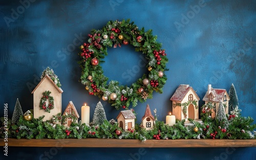 Stylish Christmas garland and wreath adorned with candles, small decorative houses, and greenery on a shelf against a blue wall