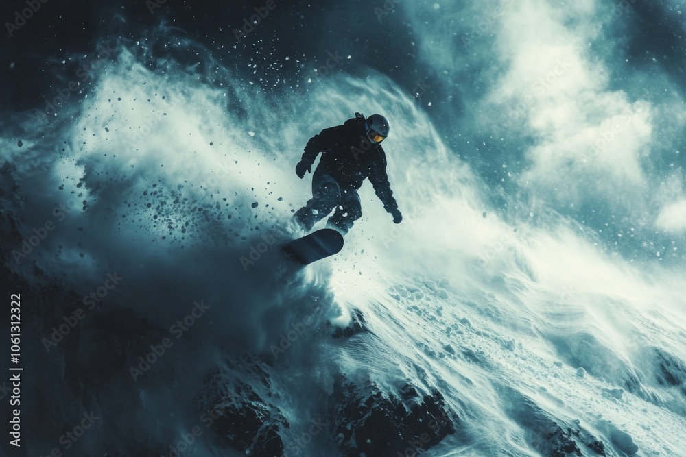 Snowboarder in a Blizzard on a Mountain Slope