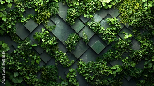 Green wall with plants arranged in an artistic mosaic of geometric patterns, lush textures and vibrant shades of green, ambient lighting creating a stylish, modern look, ultra-realistic, HD quality.
