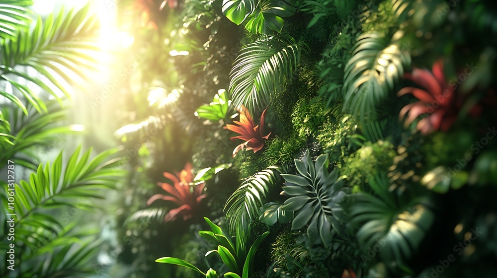 Indoor green wall with a mix of tropical plants and succulents, lush and vibrant greens in a cozy interior, easy maintenance, ambient lighting highlighting textures, ultra-realistic, HD quality. Indoor green wall with a mix of tropical plants and succulents, lush and vibrant greens in a cozy interior, easy maintenance, ambient lighting highlighting textures, ultra-realistic, HD quality.