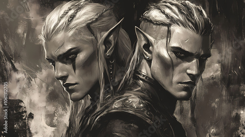 Fantasy portrait of two men with elf-like features in monochrome. Dark Elf Warrior. Illustration photo