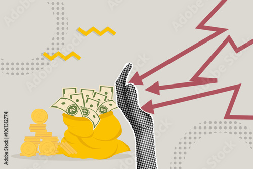 Fancy halftone collage. Financial security concept, defense against loss, economic downturn, defense against cyber attack. Hand as a shield protecting financial security. Illustration for web banner