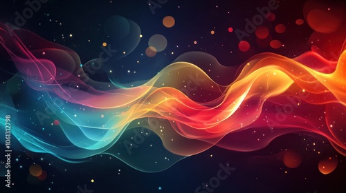 Abstract colorful flowing waves with bokeh lights on a dark background.