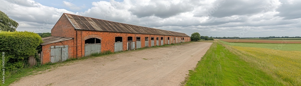A rustic brick building alongside a gravel road, set against a cloudy sky and fields. A rustic brick building alongside a gravel road, set against a cloudy sky and fields.