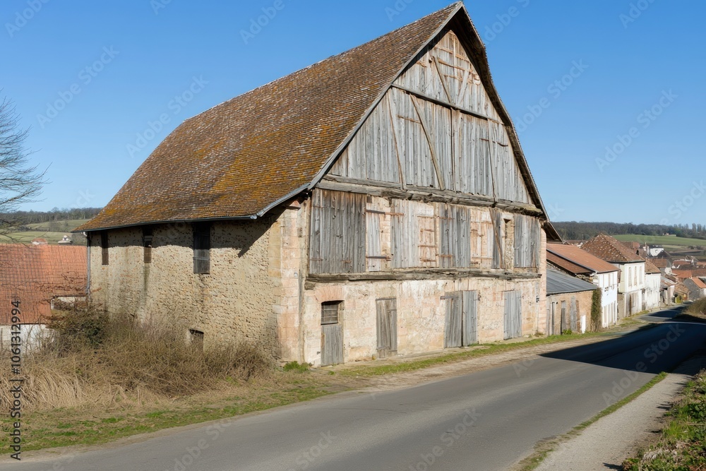 A rustic, weathered barn stands beside a quiet road in a rural landscape. A rustic, weathered barn stands beside a quiet road in a rural landscape.