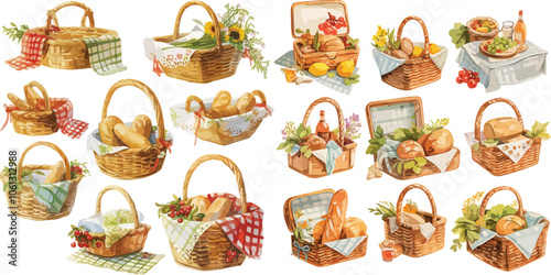 picnic basket watercolor clipart