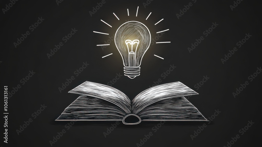 An open book with a glowing lightbulb above it, representing knowledge and learning, simple line art, black and white. An open book with a glowing lightbulb above it, representing knowledge and learning, simple line art, black and white.