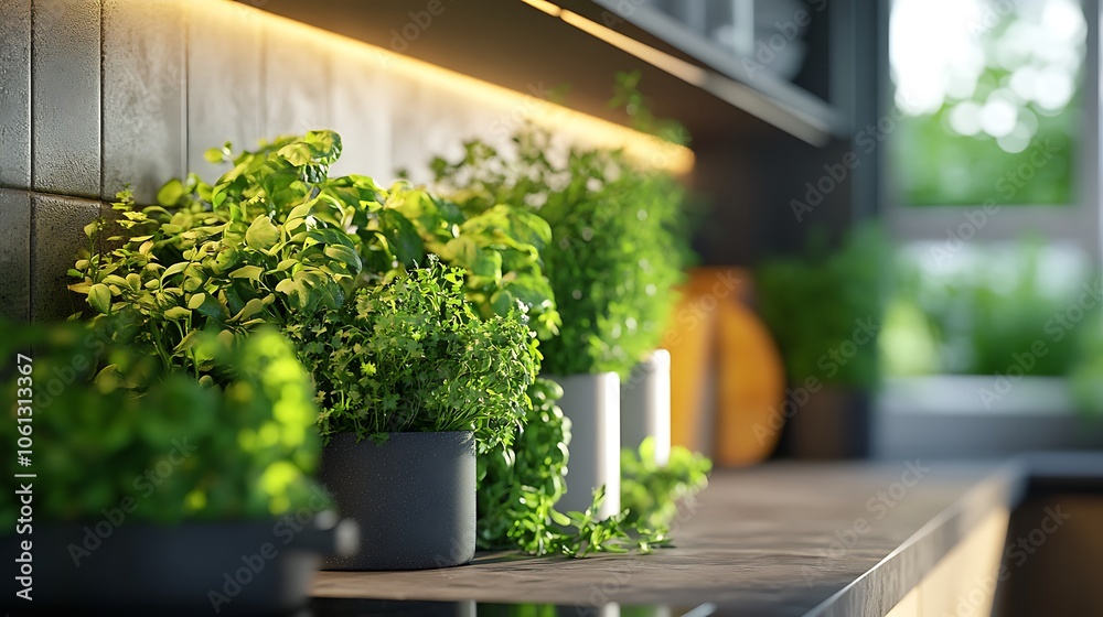 Fototapeta premium Indoor herb wall in a modern kitchen, compact setup with fresh herbs like cilantro and oregano, soft light, convenient for easy access and cooking, highly detailed, ultra-realistic. --ar 16:9