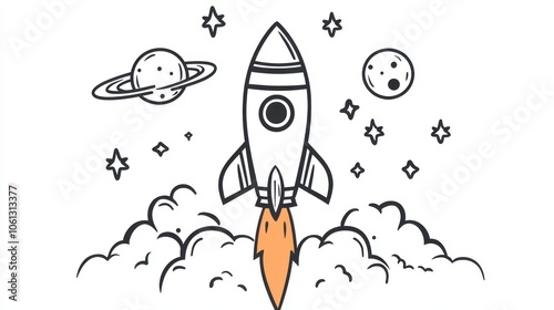 Black line drawing of a rocket ship blasting off into space, designed for children's learning material, set on a clean white background. photo