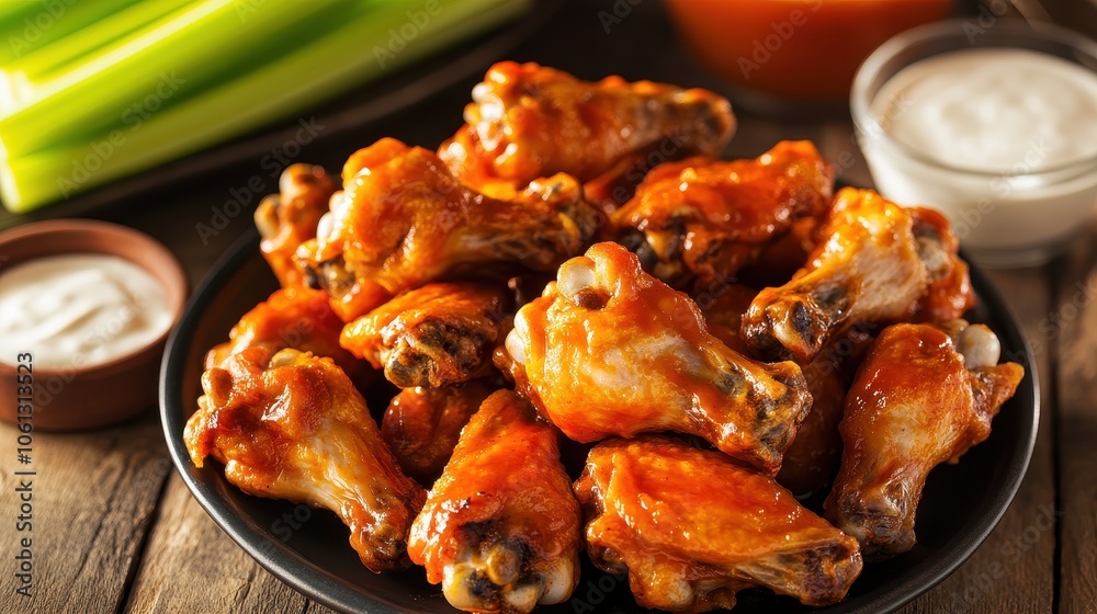 Deliciously crispy chicken wings tossed in spicy sauce, served with celery sticks and creamy dip on a rustic wooden table. Deliciously crispy chicken wings tossed in spicy sauce, served with celery sticks and creamy dip on a rustic wooden table.