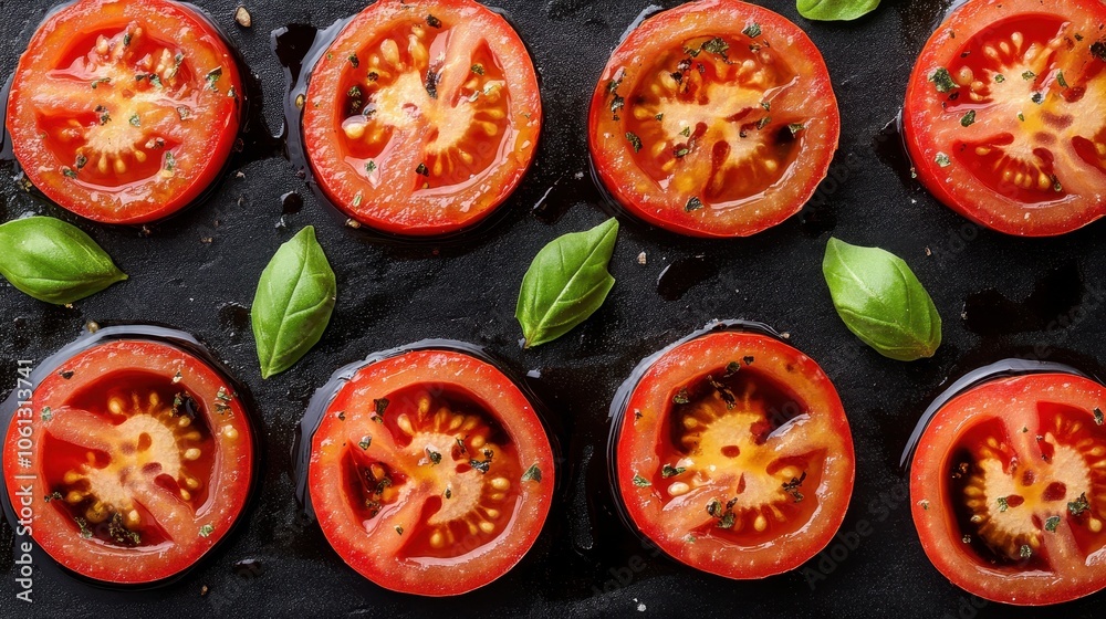 Fresh tomato slices with basil leaves arranged beautifully on black slate. Ideal for culinary presentations and healthy recipes. Fresh tomato slices with basil leaves arranged beautifully on black slate. Ideal for culinary presentations and healthy recipes.