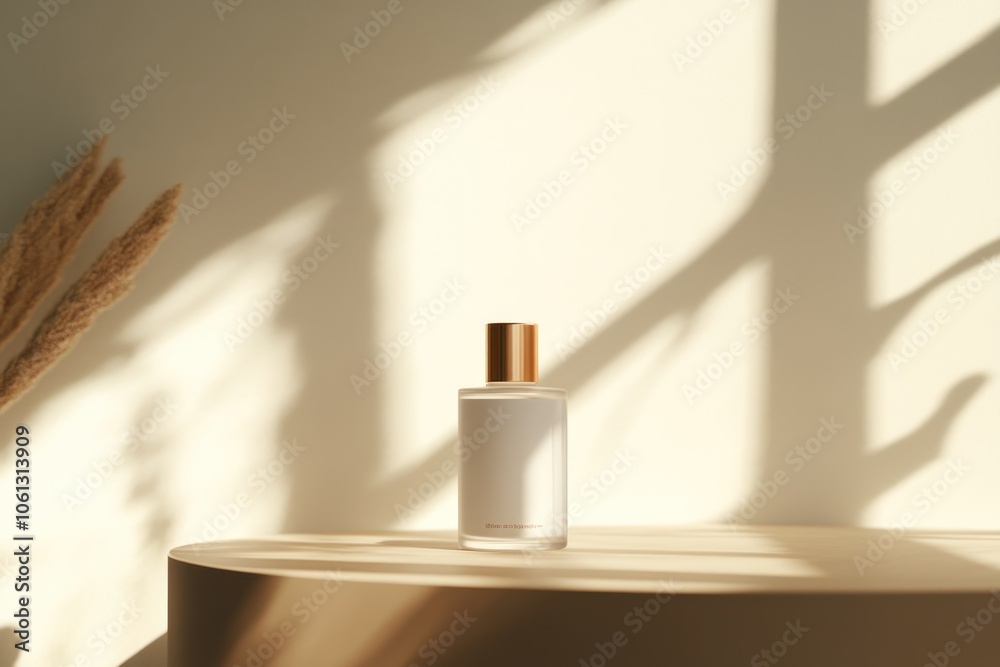 Elegant perfume bottle on minimalistic background Elegant perfume bottle on minimalistic background