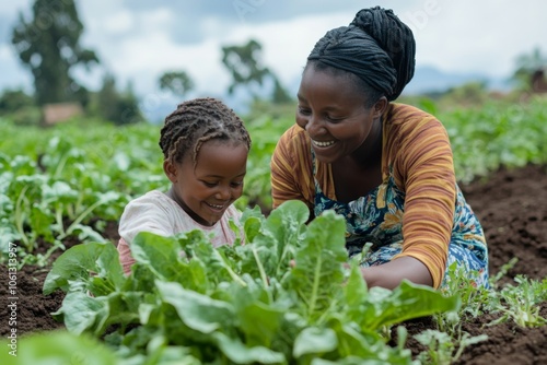 Wallpaper Mural Happy African Mother and Daughter Working in Vegetable Garden Torontodigital.ca