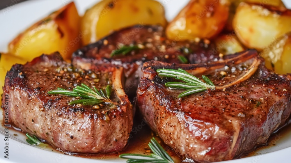 Succulent grilled steak with golden roasted potatoes, garnished with rosemary, perfect for a hearty meal. Succulent grilled steak with golden roasted potatoes, garnished with rosemary, perfect for a hearty meal.