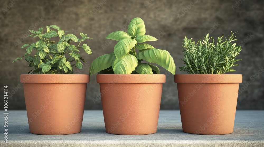 Three clay pots containing vibrant green herbs, arranged aesthetically on a wooden surface, perfect for home gardening inspiration. Three clay pots containing vibrant green herbs, arranged aesthetically on a wooden surface, perfect for home gardening inspiration.