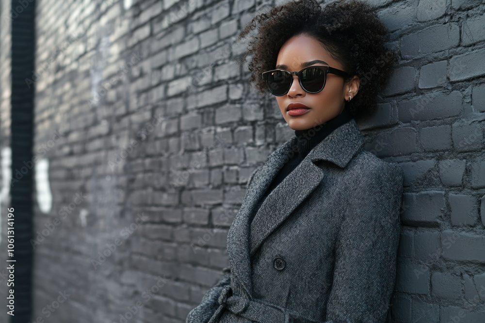 Obraz premium Stylish Woman in Sunglasses Against Brick Wall