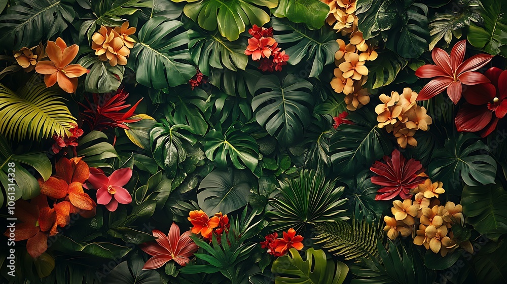 Indoor tropical living wall with lush, dense green foliage and colorful flowers like orchids and bromeliads, bright, warm light illuminating the plants, highly detailed, vibrant colors, HD quality. Indoor tropical living wall with lush, dense green foliage and colorful flowers like orchids and bromeliads, bright, warm light illuminating the plants, highly detailed, vibrant colors, HD quality.