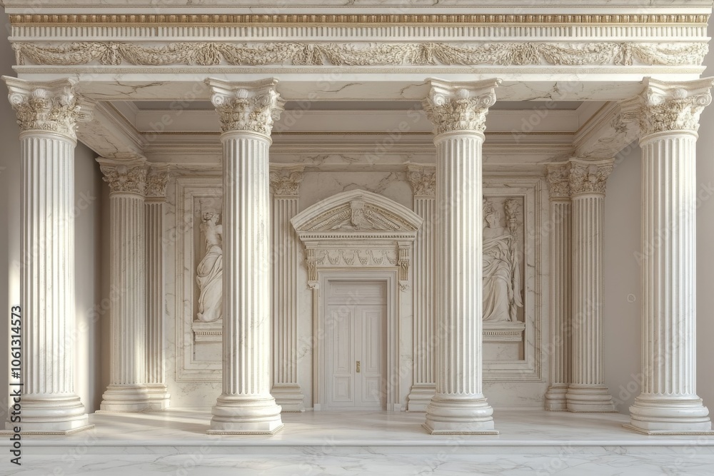 Obraz premium White Marble Columns with Ornate Gold Trim and Statues in Classic Architecture