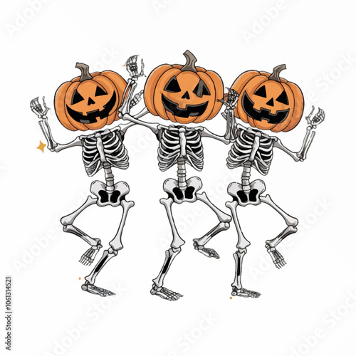 skeletons with pumpkin heads funny halloween vector illustration