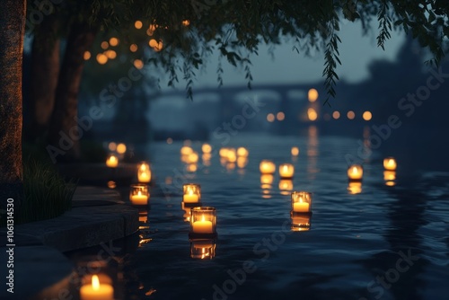 Serene Evening with Floating Candles on Water