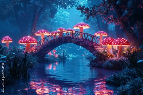 Enchanted Forest with Colorful Mushrooms and Bridge