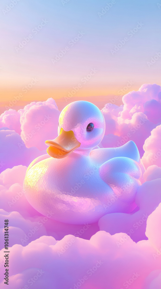3D cute duck bird fluffy pink rainbow clouds shape sunset colorful dreamy sky cloudscape adorable pet animal fashion healing wallpaper background with copy space 3D cute duck bird fluffy pink rainbow clouds shape sunset colorful dreamy sky cloudscape adorable pet animal fashion healing wallpaper background with copy space