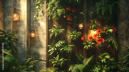 Indoor vertical garden with ferns and flowering plants, rustic setting with wooden elements, warm lighting creating a serene and inviting atmosphere, highly detailed textures, HD quality. --ar 16:9