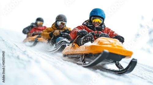 Wallpaper Mural A sled racing down a snowy hill, with joyful riders bundled in winter gear, symbolizing fun winter activities, isolated on a clean white background. Torontodigital.ca