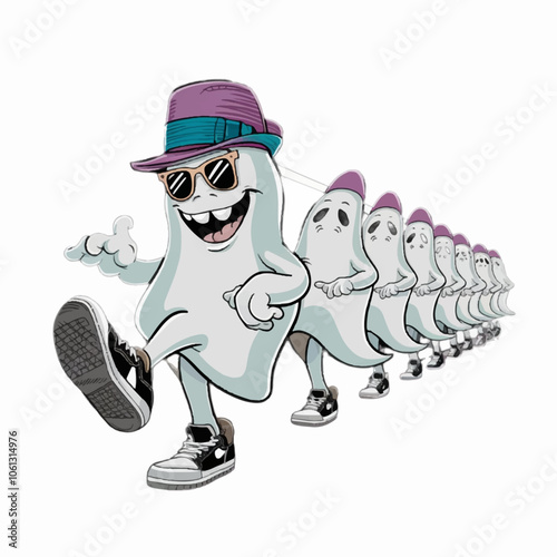 smiling ghosts in a row funny halloween vector illustration
