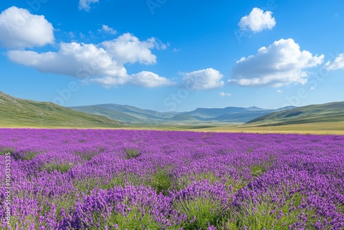 Purple Lavender Field with Green Hills and Blue Sky