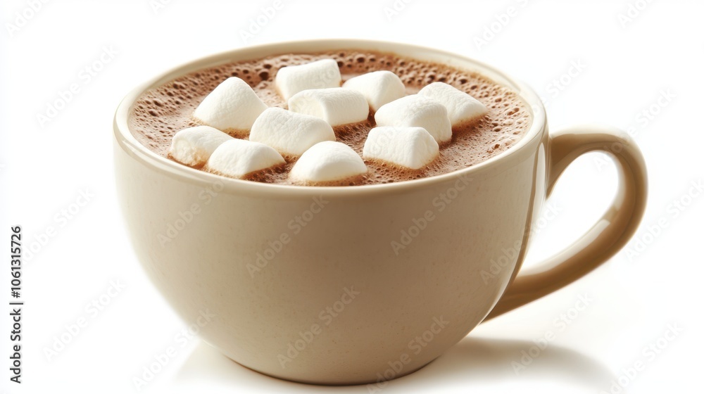 A steaming cup of hot cocoa with marshmallows, representing winter comfort, isolated on a clean white background.