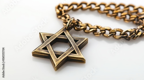 A star of David symbol on a necklace, representing Jewish heritage and identity, isolated on a clean white background. photo