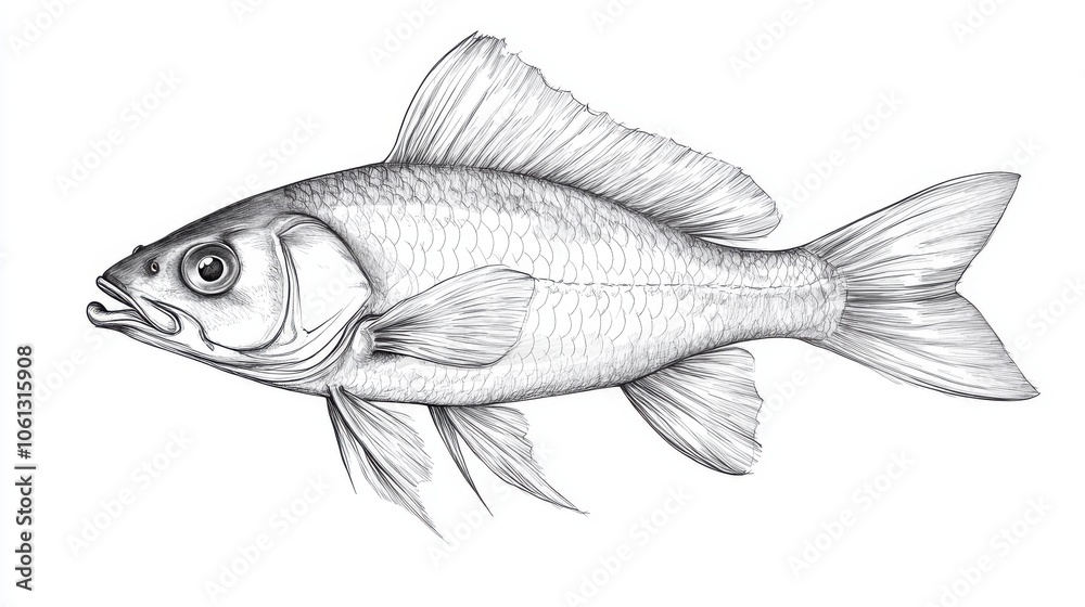 A step-by-step tutorial on drawing a fish, starting from simple shapes to detailed scales, educational line drawing isolated on a clean white background. A step-by-step tutorial on drawing a fish, starting from simple shapes to detailed scales, educational line drawing isolated on a clean white background.