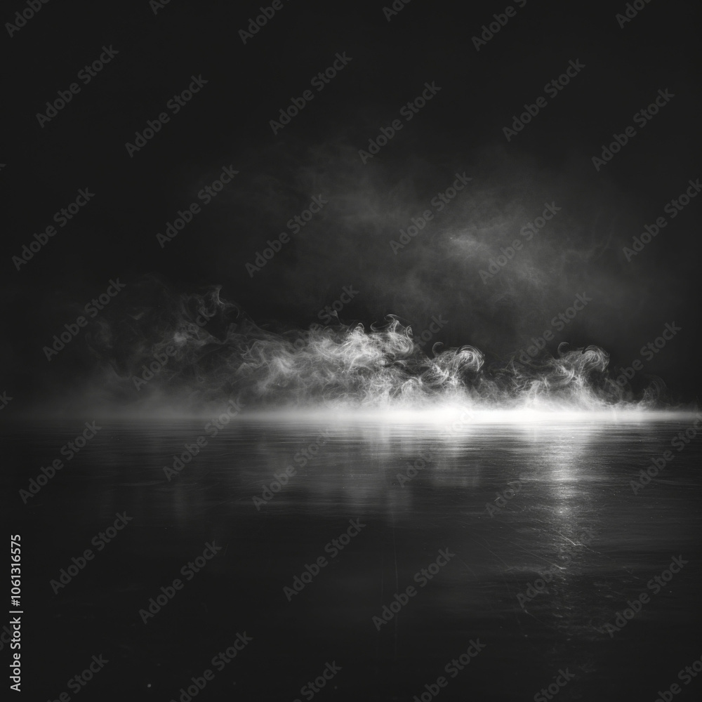 Fototapeta premium Mysterious fog swirls gracefully across dark surface, creating ethereal atmosphere. interplay of light and shadow enhances sense of depth and intrigue