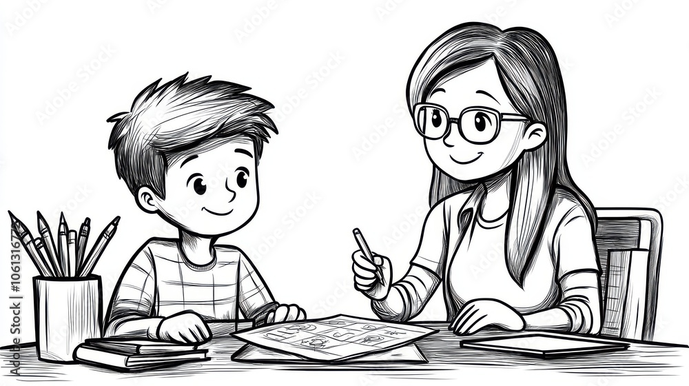 A teacher and student discussing a math problem, simple line art, black and white, isolated on a clean white background. A teacher and student discussing a math problem, simple line art, black and white, isolated on a clean white background.