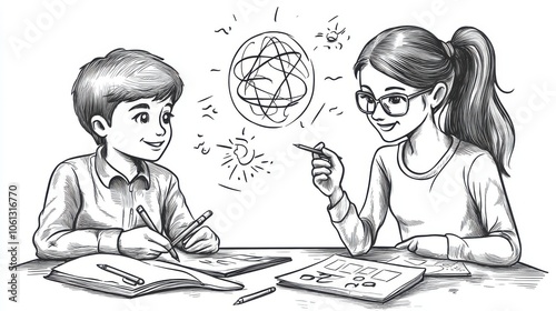 A teacher and student discussing a math problem, simple line art, black and white, isolated on a clean white background.