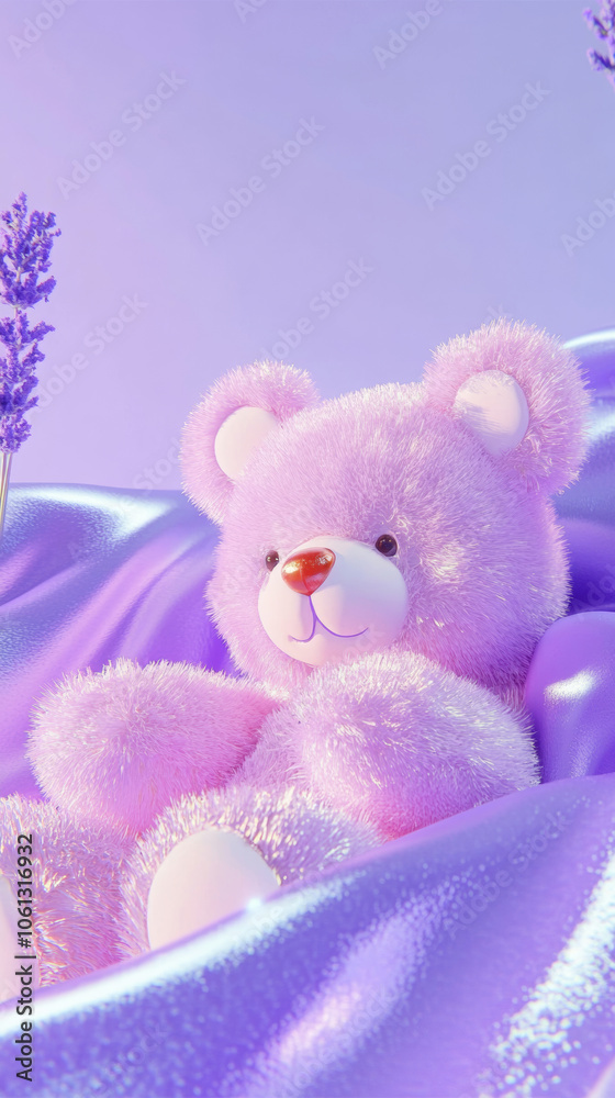 Fototapeta premium 3D cute teddy bear fluffy velvet on lavender purple flow silk adorable pet animal plush toy fashion healing shiny gift wallpaper background with copy space