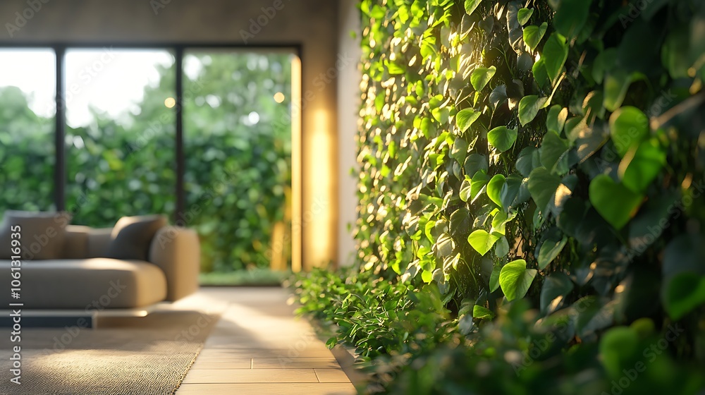 Modern green wall divider featuring lush ivy and climbing plants, soft lighting creating a stylish, organic partition in an open-plan interior, ultra-realistic, high-definition. --ar 16:9 Modern green wall divider featuring lush ivy and climbing plants, soft lighting creating a stylish, organic partition in an open-plan interior, ultra-realistic, high-definition. --ar 16:9